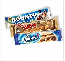 Батончик Bounty Crispy rolls 23,4г / Батончик Milky Way Crispy rolls 22,5г / Батончик Twix Crispy rolls 22,5г